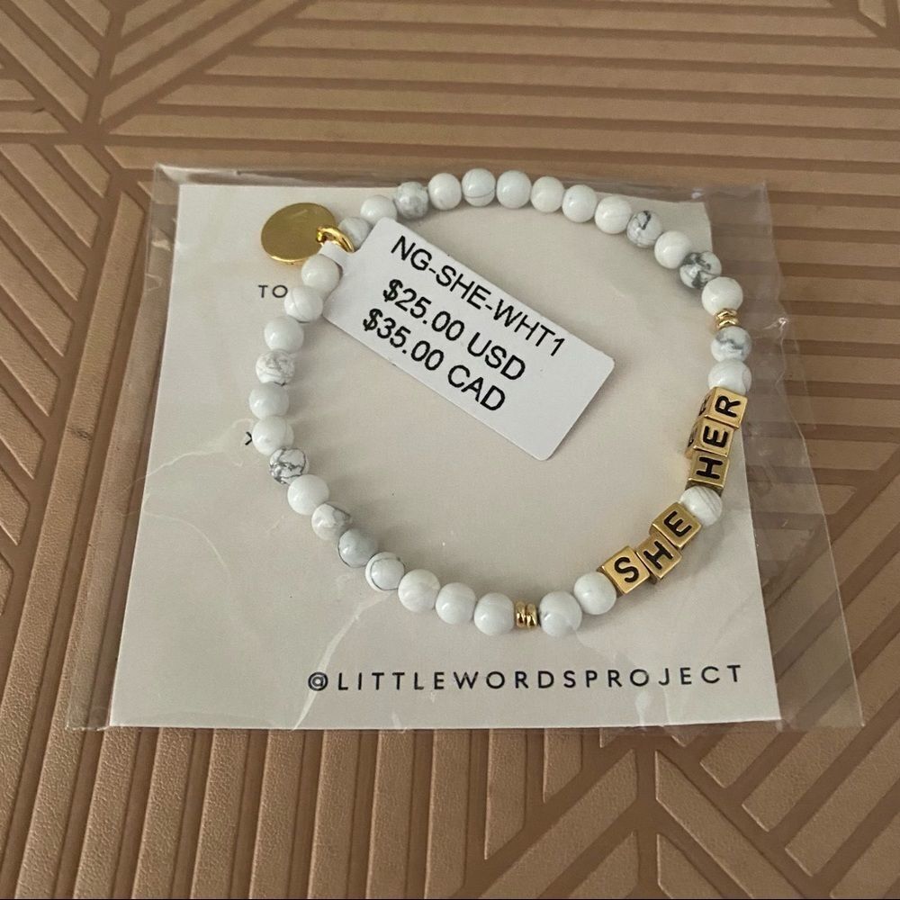 Little Words Project Bracelet She Her Stretch Beaded Gold Marble Neutral Casual 14$
